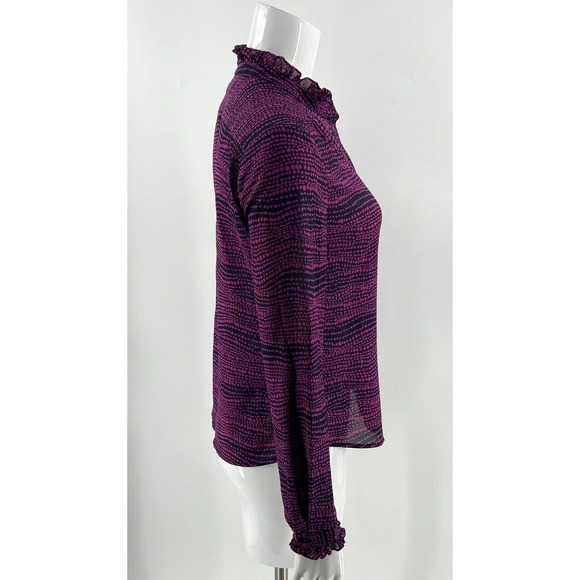 Tavora Top Size 4 Navy Black Purple Printed Sheer Button Up Ruffle Neck Blouse - Picture 3 of 6